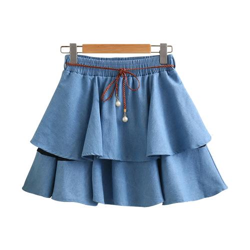 日系森女系学院风松紧腰编织袋双层百褶裙牛仔短裙女甜美裙子夏装