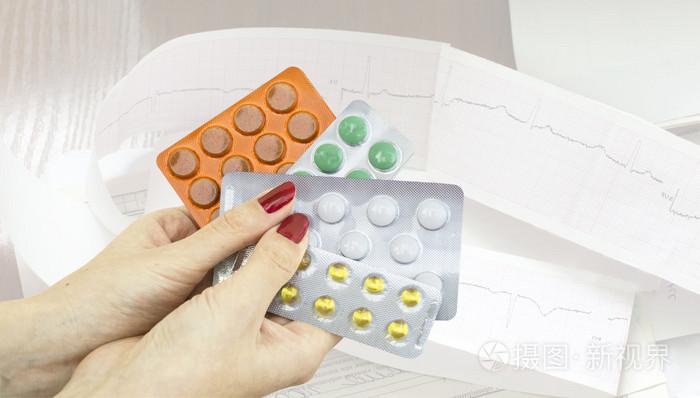 不同药物及片剂在妇女的手中