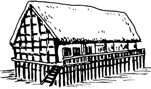 右图是河姆渡居民房屋复原图,它说明河姆渡居民( ).   c.