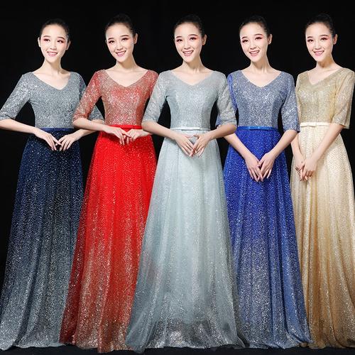 大合唱演出服长裙女2019新款主持人服装显瘦中老年合唱团指挥礼服