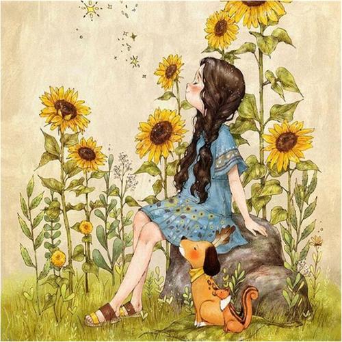 新款钻石画客厅卧室卡通动漫向日葵女孩田园油画风景两联画砖石绣
