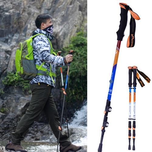 登山杖钛合金超轻户外多功能可伸缩男女款徒步直柄三节外锁拐杖