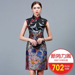 黑色礼服时尚手工高端飞鸟织锦缎修身显瘦女中裙旗袍连衣裙旗袍裙