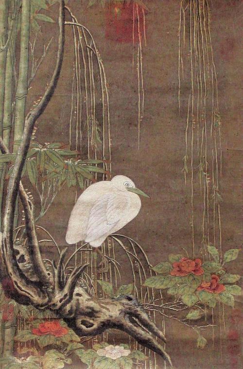 崔白 牡丹白鹭