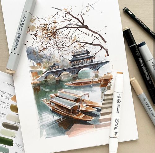 马克笔风景画,立体逼真,颜色还好看