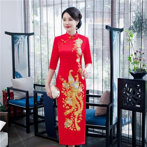 2020年最新旗袍,2020年最新旗袍图片 2020年经典优雅宴会大红色旗袍绣花凤凰妈妈装结婚礼服回娘家旗袍【12