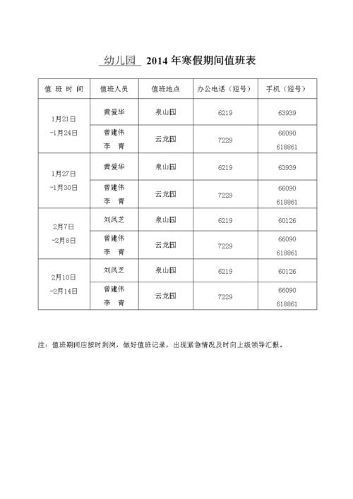 幼儿园2014年寒假期间值班表doc1页