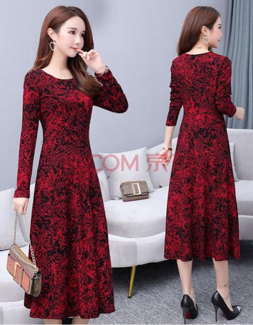 2021春季新款长袖连衣裙中老年修身显瘦中长款碎花大摆裙 红色连衣裙