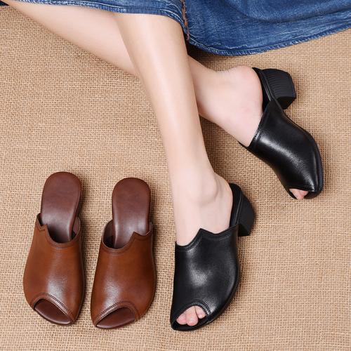 2021夏新款真皮复古民族风粗跟鱼嘴凉鞋女软底外穿舒适百搭皮拖鞋