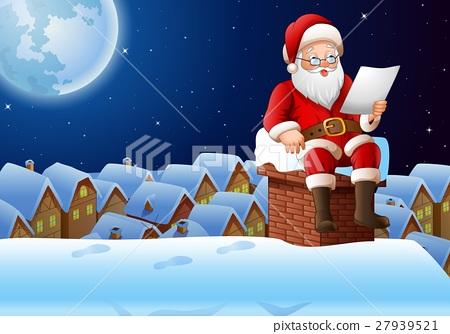 插图素材: cartoon santa claus sitting at chimney and reading