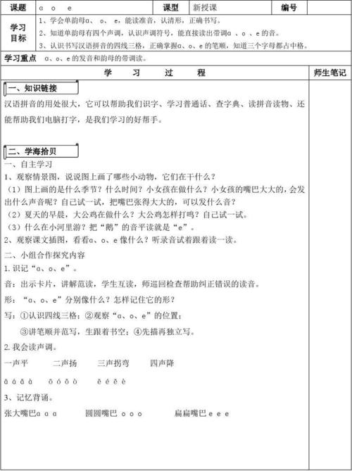 学案模板(一年级语文上册导学案)1ɑ o e