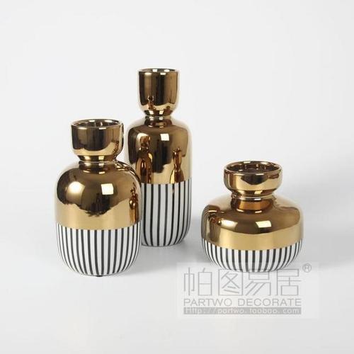 样板房镀金色陶瓷花瓶金属釉 样板间花器三件套装 后现代简约摆件