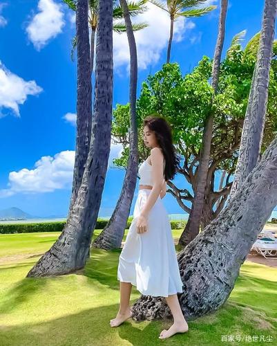 蓝天白云,椰树下的美女格外美丽
