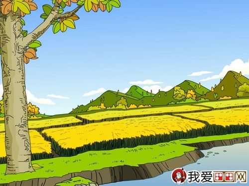 儿童画秋天的卡通画:金黄的稻田和大树