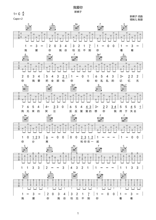 新裤子《我爱你》吉他谱