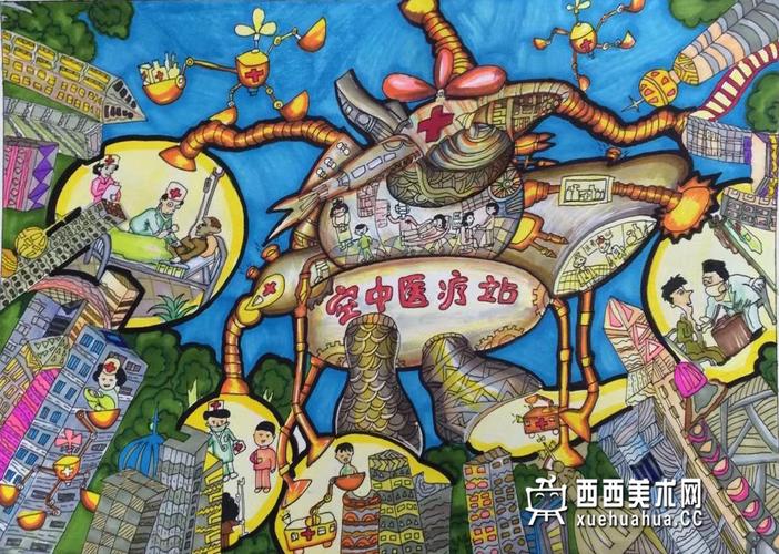 一等奖中学生科幻画《空中医疗站》赏析
