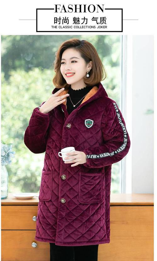 冬季新款中老年女装加绒保暖罩衣厨房居家工作服妈妈冬装棉衣酒红天鹅
