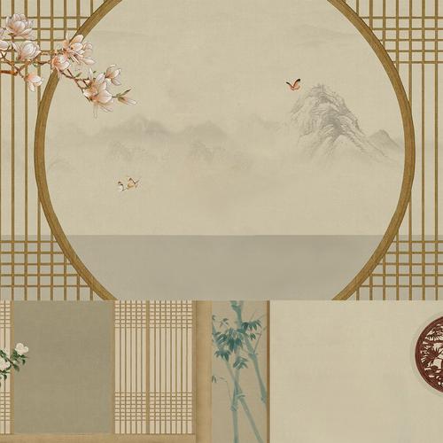 新款中国古风婚纱工笔画psd分层素材模板 后期ps设计图片复古文