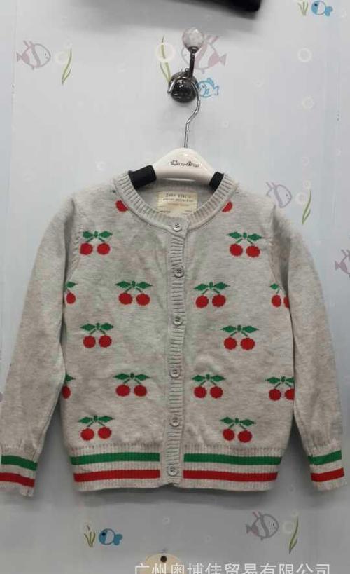 原单外贸童装批发 女童圆领开衫樱桃图案针织衫 儿童春秋款毛衣