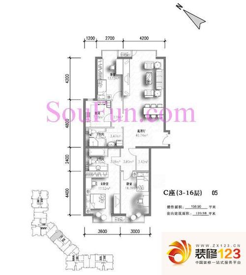 星源国际户型图c座05型 3室2厅2 .