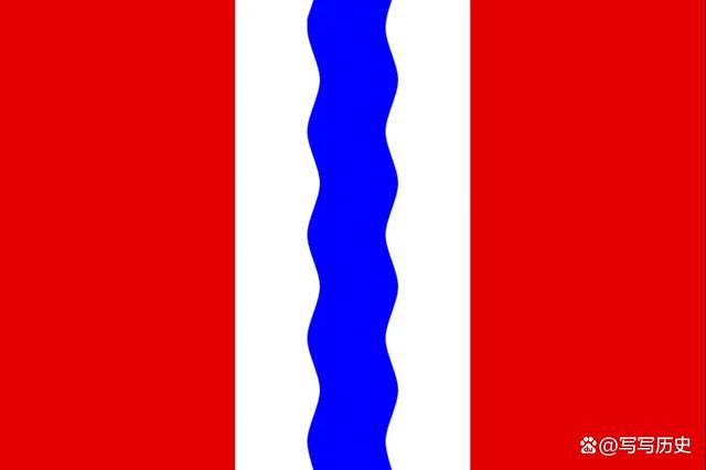 摩尔曼斯克州州旗,宽度不一的红,蓝横条,中间为光芒图案.