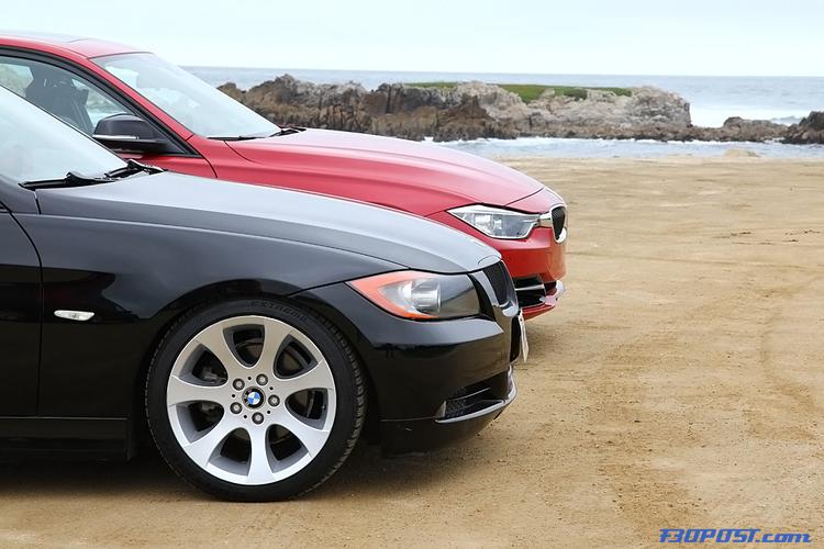 bmw f30 lined up against e90 - side-by-side comparison photos