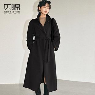 贝源职业工装黑色双面羊绒大衣女2021新款中长款过膝羊毛毛呢外套