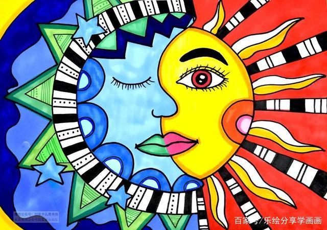 儿童画教程|冷暖色的对比《太阳和月亮的拥抱》