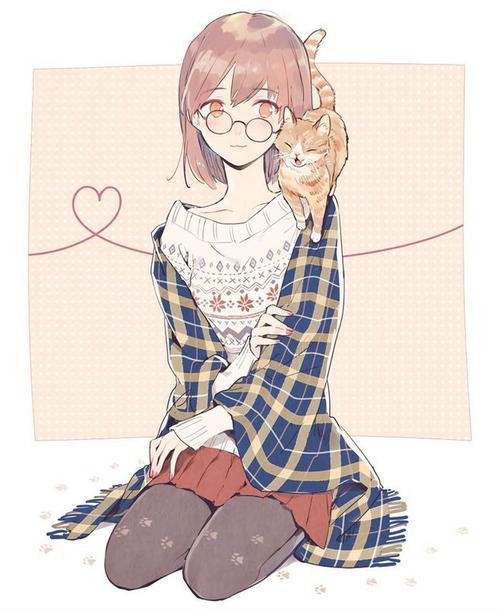 猫咪与少女浪漫插画图片
