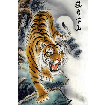 下山虎画老虎画海报墙壁贴画画客厅玄关装饰挂画pp胶背面带胶40x60
