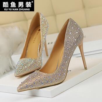 10公分细高跟鞋婚鞋女水钻尖头超烫细跟网红抖音公主婚纱浅口单鞋2021