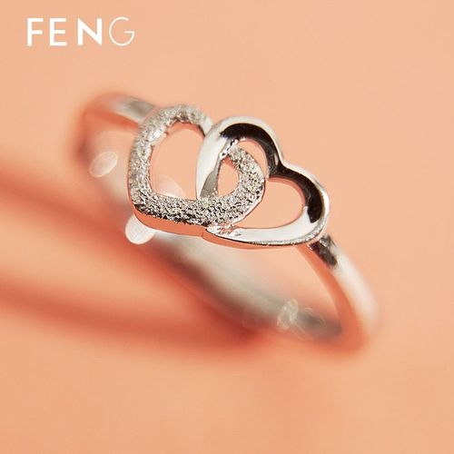 磨砂创意心连心爱心戒指女s925纯银心形镂空送妈妈款