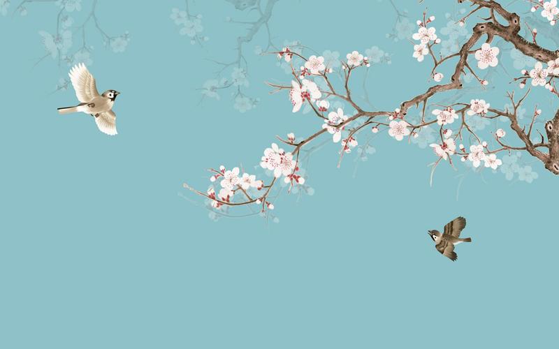 a053210喜上眉梢手绘花鸟梅花新中式背景墙