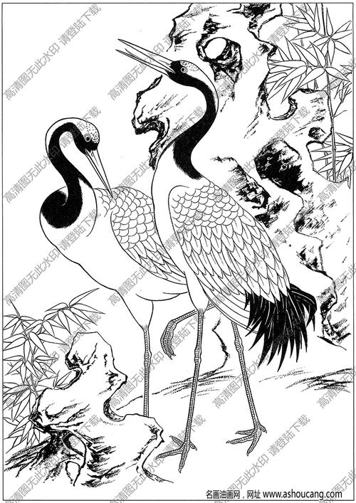 仙鹤白描图片2高清下载-名画油画网