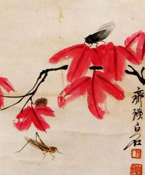 《枫叶鸣蝉图》作于齐白石晚年八十八高龄艺术创作巅峰时期.