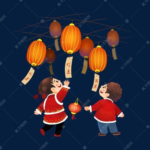 元宵节猜灯谜卡通手绘元宵