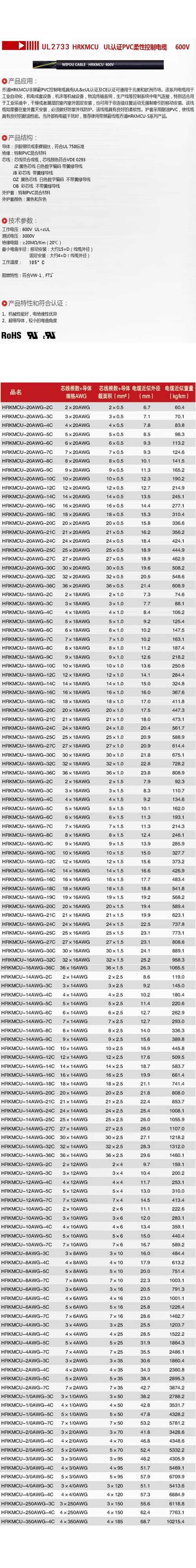 ul认证美标电源信号线ul2733-7*16awg环保阻燃多芯美标护套电缆
