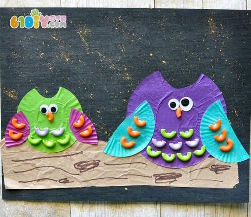 蛋糕纸,活动眼睛,胶水,剪刀,颜料,卡纸,搓纸蛋糕纸贴画 可爱的猫头鹰