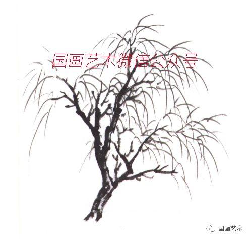 中侧锋结合画出主要枝干,注意突出柳树婀娜挺拔的特点.↓↓↓ 4.
