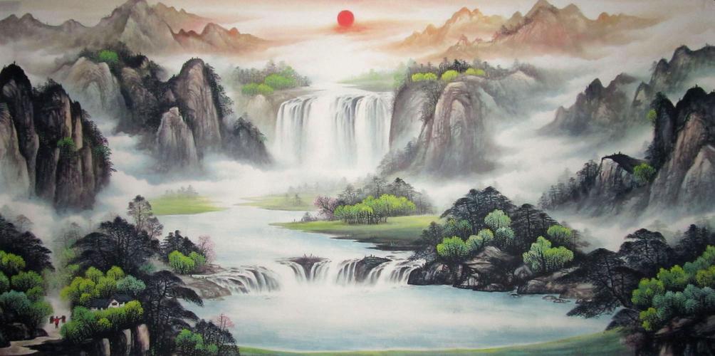 新品国画 超低价格 四尺山水画 精品山水旭日东升 聚宝盘聚财图