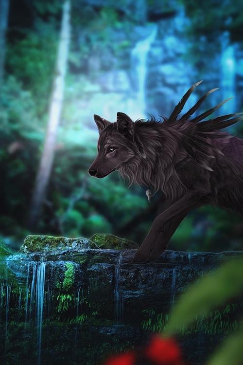 黑狼,瀑布,幻想艺术 640x1136 iphone 5/5s/5c/se