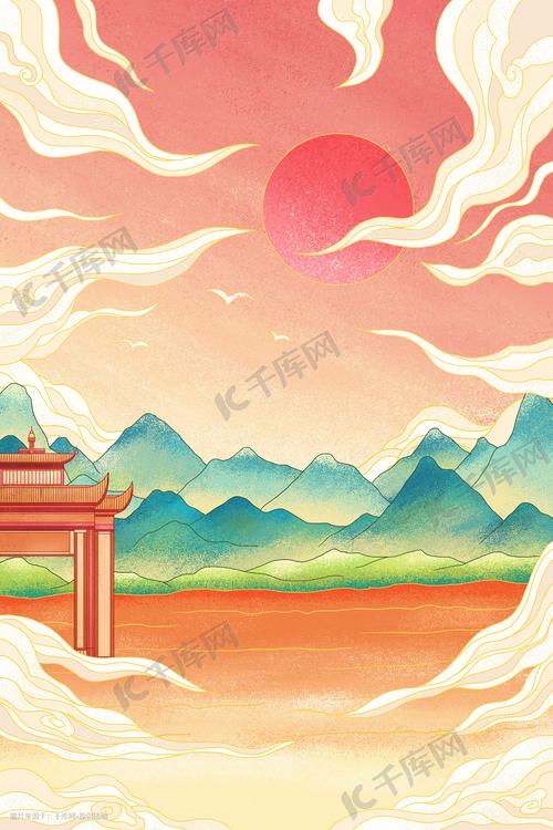 中国风描金国潮风山水风景插画