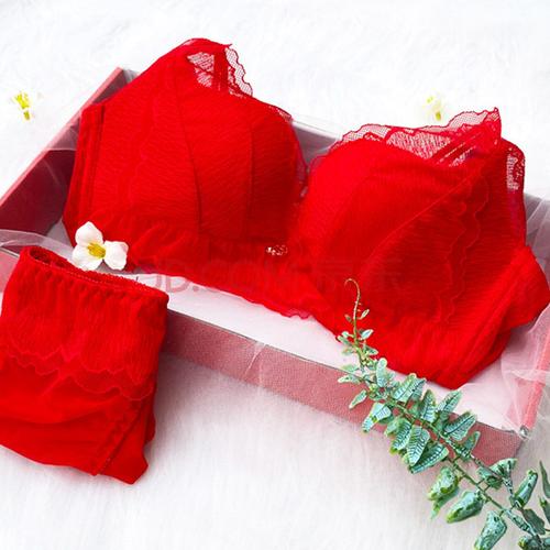 抖音网红浪莎同款本命年属牛年红色内衣小胸套装结婚新娘女性感加厚无