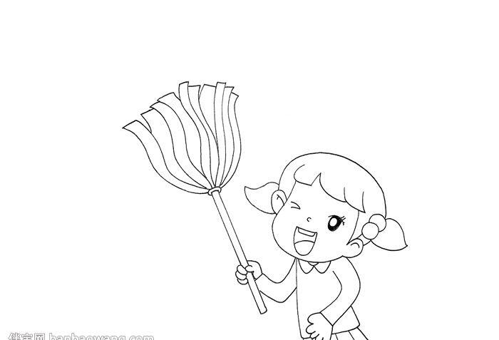 1,首先在手抄报的下方画上一位小女孩,小女孩的手里拿着一根扫把,注意