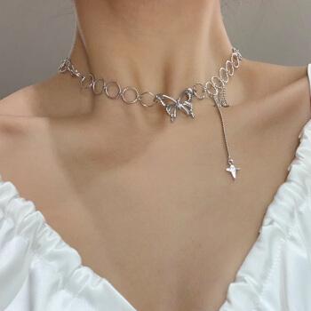 ins冷淡风蹦迪个性项链女2021新款网红长款钛钢情侣锁骨链毛衣链镂空