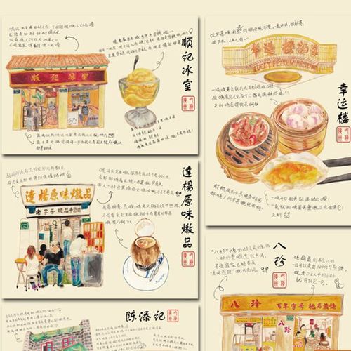 原创 广州 吃货 美食 手绘 明信片