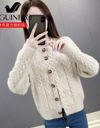 减龄针织女开衫2021年秋季新款女士短款小个子毛衣女外套时尚米色s