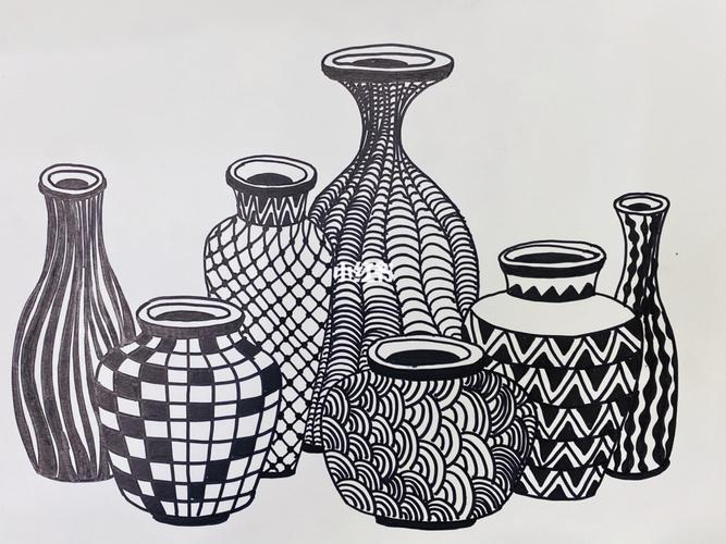 【创意美术】线描控笔练习瓶瓶罐罐装饰画_创意美术_装饰画_线描_文化