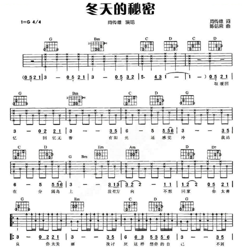 冬天的秘密吉他谱张玮伽吉他图片谱3张