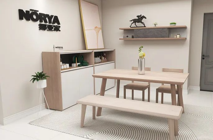 一侧放半高柜,一面墙做一组吊柜,高低错落的搭配方式会从视觉上